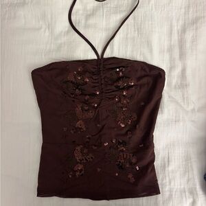 Sequin Brown Top with Halter Tie